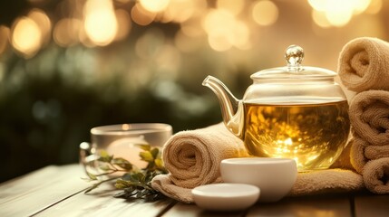 A serene tea setup with a teapot, cups, and towels, evoking relaxation and wellness.