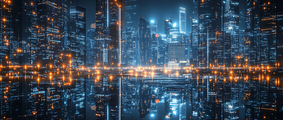 Futuristic city skyline reflected in water at night.