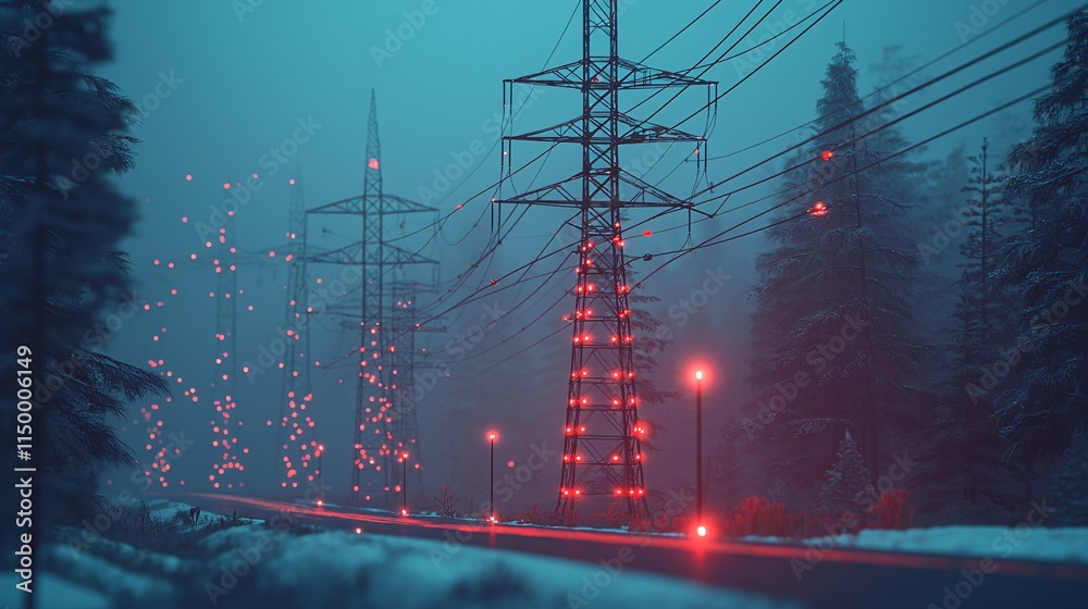 Poster Renewable energy grids working in harmony with advanced AI for efficient power delivery Stock Photo with side copy space