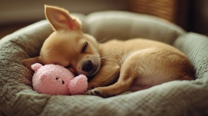 A sleeping puppy cuddles a pink toy in a cozy bed, exuding warmth and cuteness.