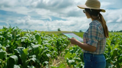 A woman in a straw hat uses a tablet in a field of crops under a cloudy sky.