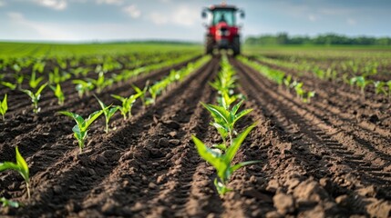 Obraz premium A tractor working in a field of young plants, showcasing agricultural cultivation.