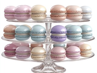 Obraz premium A tiered display of colorful macarons arranged elegantly for dessert presentation.