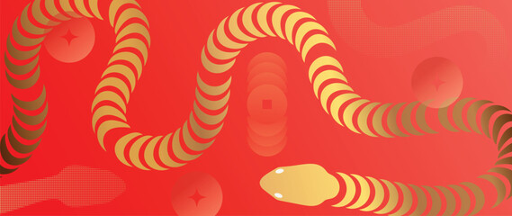 Happy Chinese new year 2025 background vector. Year of the snake design wallpaper with snake, coin, halftone texture. Modern luxury oriental illustration for cover, banner, website, envelope. 