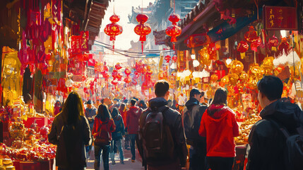 Vibrant market scene during Traditional Chinese New Year, filled with red lanterns and decorations. Crowds of people enjoy festive atmosphere, shopping for decorations and food