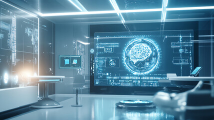 sleek, minimalist tech hub pulsates with glow of AI powered devices, evoking sense of futuristic innovation and boundless potential. holographic brain interface dominates scene, symbolizing power of