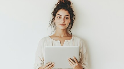 Young pretty woman holds laptop computer over white wall. Social media, web branding concept. Aesthetic neutral pastel beige color