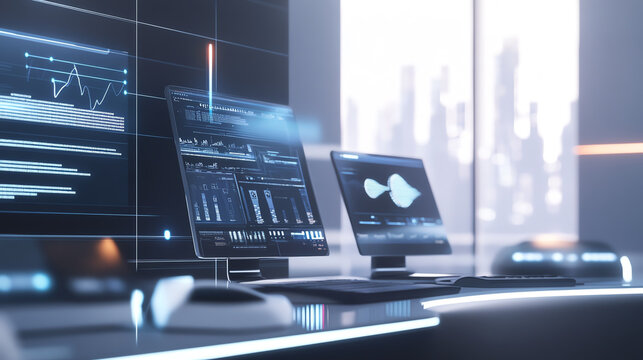 Sleek minimalist tech hub with AI powered devices, illuminated by natural light. atmosphere is futuristic and innovative, evoking sense of progress and technological advancement. clean lines and