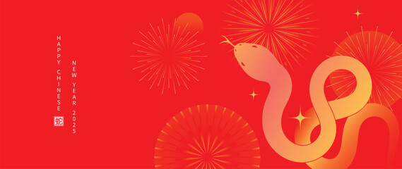 Happy Chinese new year 2025 background vector. Year of the snake design wallpaper with snake, firework. Modern luxury oriental illustration for cover, banner, website, envelope. 