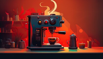 Naklejka premium Generated image coffee, espresso, brewing, barista, cafe, beverage, machine, steam, kitchen, red lighting