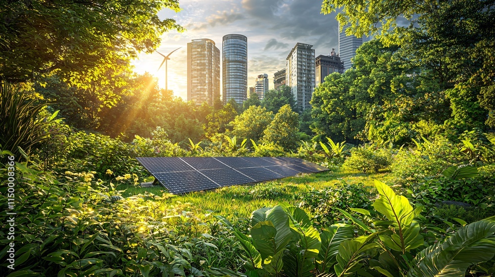 Aufkleber Renewable energy integration through smart grids powering high-tech urban areas with solar panel arrays and wind turbines Stock Photo with side copy space