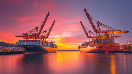 Obraz premium Two cargo ships docked at vibrant port during sunset with colorful skies