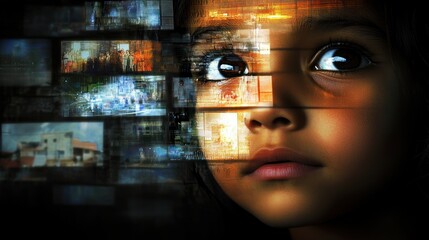 A child's face blends with digital images, symbolizing the impact of media on youth.