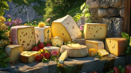 Selection of cheeses in garden in Oberstaufen, Allgau, Bavaria, Germany