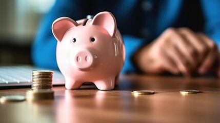 Close-Up of a Man's Hand with a Pink Piggy Bank Surrounded by Coins on a Wooden Table in a Bright Room Setting