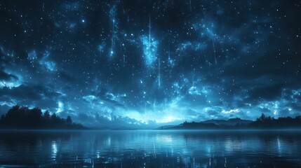 Serene night, stars, lake, shooting stars, silhouette.