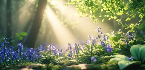 Fototapeta premium Bluebells in the forest, with sunrays shining through them. 