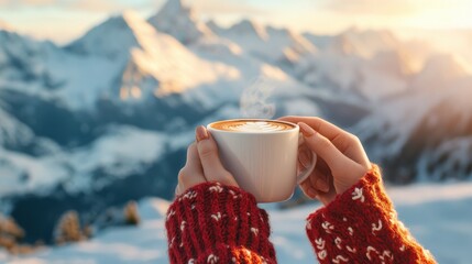 woman's hand hold coffee cup with mountain background