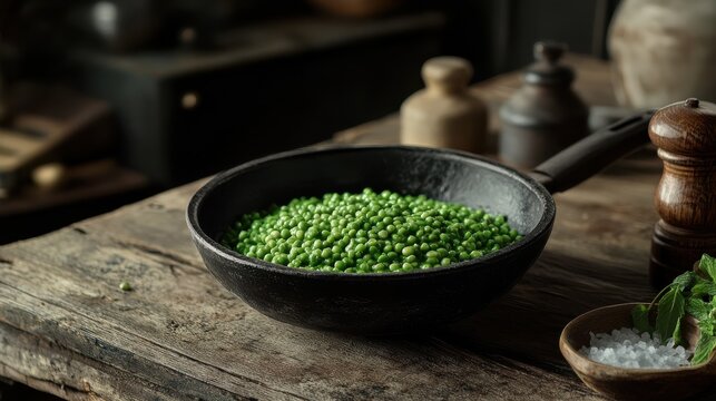 yorkshire mushy peas ingredients in frying pan and peas in bowl with mint shallot pepper and salt side view over old pub wood table .