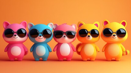 Obraz premium Five colorful bears wear sunglasses.
