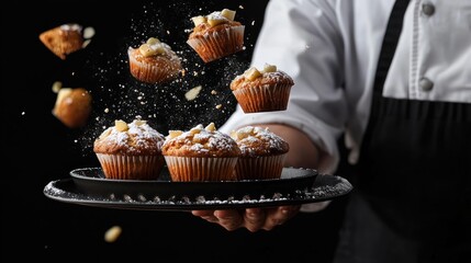 A chef presents freshly baked muffins, dusted with powdered sugar, in a dramatic display.