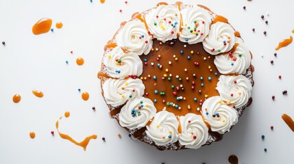 A decorated cake topped with whipped cream, colorful sprinkles, and caramel sauce.