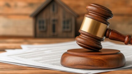 Home loan title concept. A wooden gavel rests on legal documents, symbolizing justice and legal proceedings, with a small house silhouette in the background.