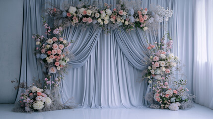 Elegant Photo Backdrop with Silk Drapes, Large Flowers, and Soft Lighting - Perfect for Sophisticated Shoots