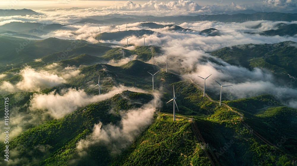 Poster Grid-connected wind farms showcasing efficient energy transfer to urban areas using smart grid systems Stock Photo with side copy space