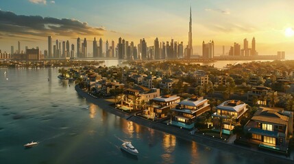 Fototapeta premium Coastal citys modern skyscrapers stand tall against setting sun reflected rivers calm waters amidst bustling waterfront scene