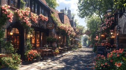 Obraz premium Flower-draped street, cobblestone path, charming shops.