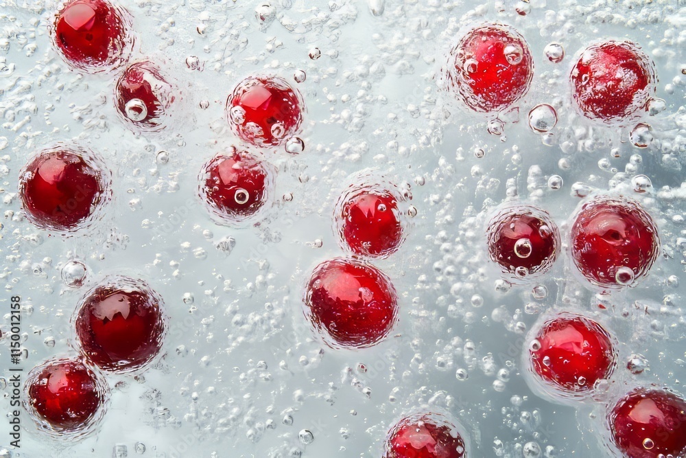Aufkleber Smooth frozen water surface featuring small air bubbles and vibrant frozen berries for a refreshing texture