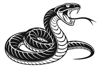 Fototapeta premium A coiled snake with its tongue flicking, a black silhouette vector image on a white background
