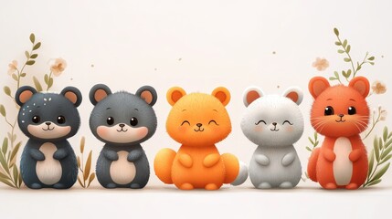 Fototapeta premium Five adorable cartoon animals, floral background.