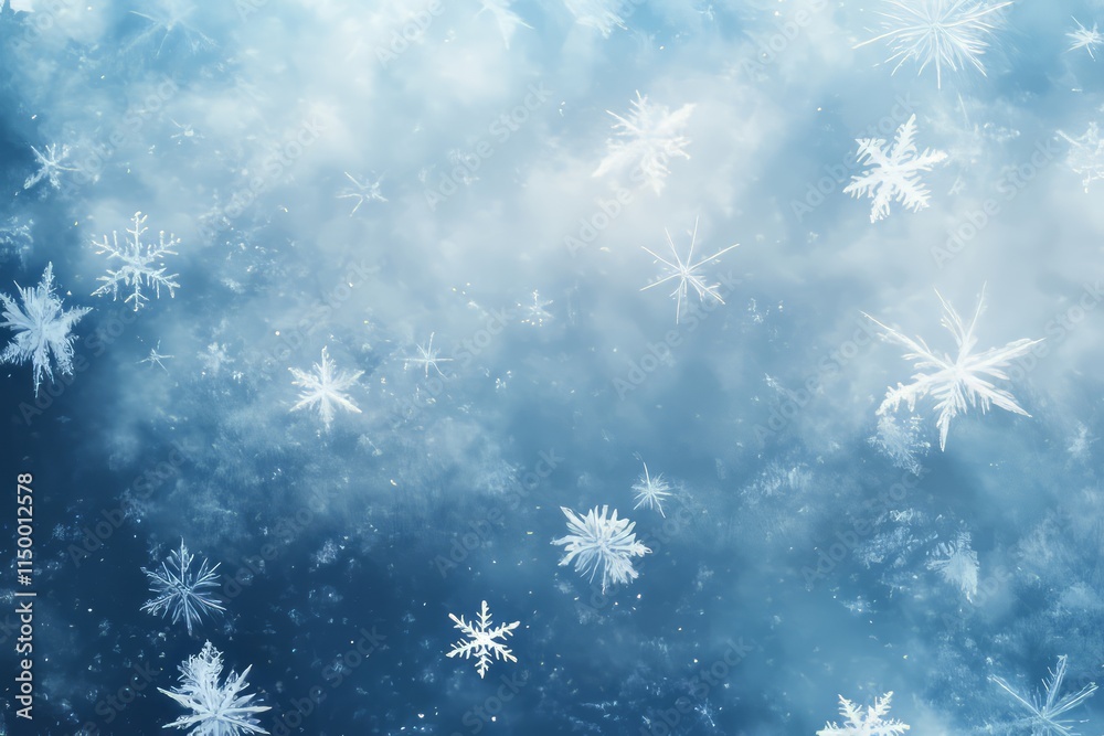 Poster smooth ice slab texture with embedded snowflakes on a winter day in a snow-covered landscape