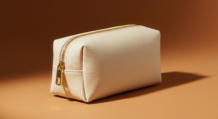 Cream leather cosmetic bag, golden zipper, rectangular shape, soft texture, minimalist design