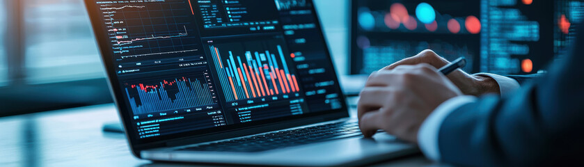 Businessman analyzing data on laptop with financial charts and graphs displayed