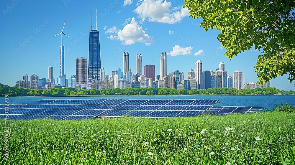 Poster Urban landscapes powered by microgrids linked to smart grid technology emphasizing energy independence Stock Photo with side copy space