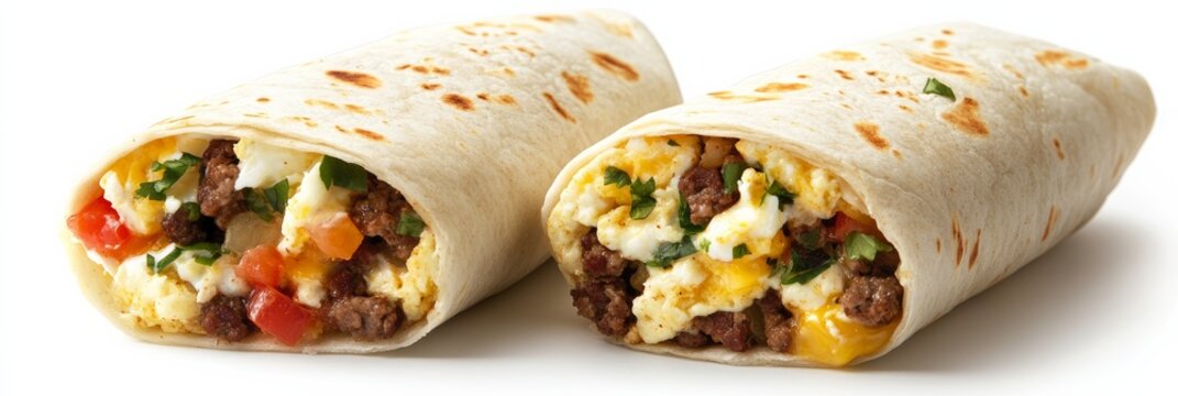 A breakfast burrito cut in half to display its egg-filled interior, positioned neatly on a white background
