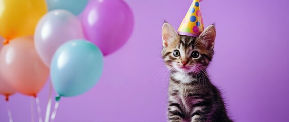 Fototapeta premium Cute kitten wearing a party hat with colorful balloons in the background.