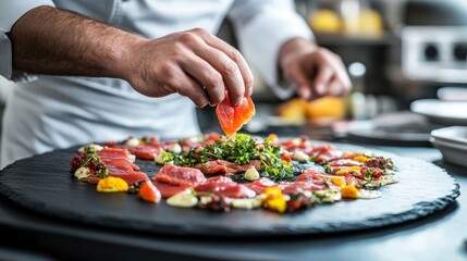 Chef carefully arranging slices of raw fish on a black slate platter for a gourmet dish.