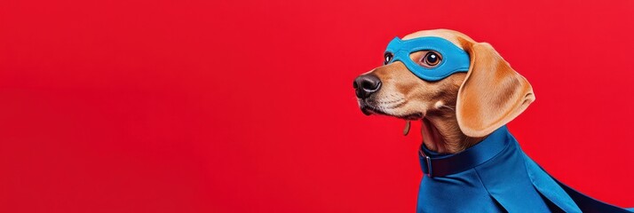 Superhero dog in blue cape and mask on red background.