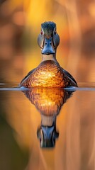 A duck swimming gracefully, reflecting warm colors on the water's surface.