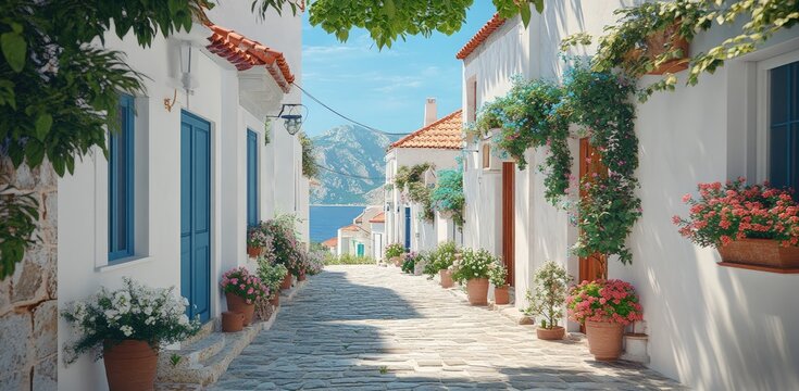 Fototapeta Oia in Greece, white houses with red roofs and blue domes, cobblestone streets lined with colorful flowers