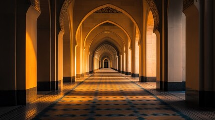 Obraz premium Long, arched hallway with patterned floor, sunlight streaming in.