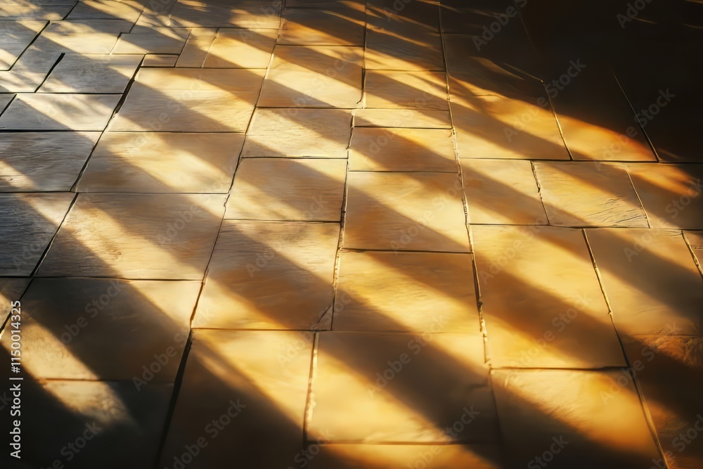 Poster warm golden light gracefully fades into shadows across textured tiles, creating a serene atmosphere 