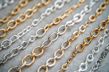 Obraz premium Close-up of various gold and silver chains on a gray surface.
