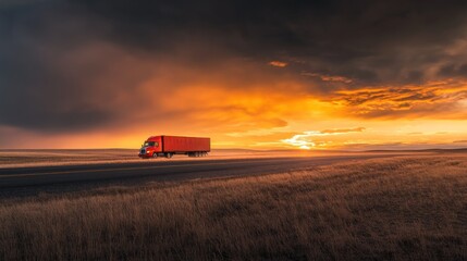 Fototapeta premium Red semi-truck driving on a highway during a dramatic sunset.