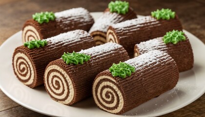 Plate of mini yule logs (b&ucirc;che de No&euml;l) with chocolate sponge cake and cream filling, decorated with icing moss and powdered sugar on a wooden surface
