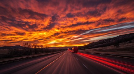 Obraz premium Fiery sunrise over highway with truck driving.